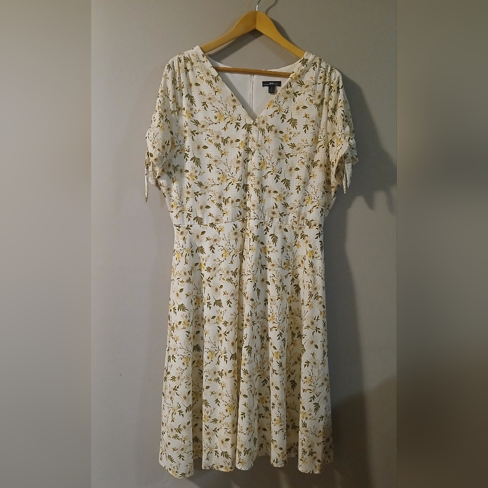 R&K Floral Print Yellow White Dress Tie Sleeves Size 18
